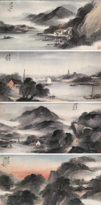 吴石芄 1900年作 溪山烟雨（四帧） 镜心